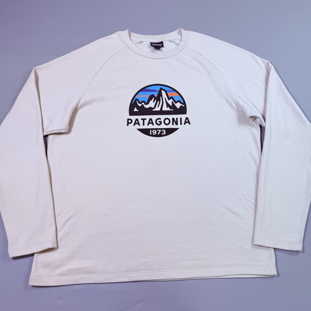 Patagonia Fitz Roy Scope Lightweight Crew Sweatshirt Men XL Beige Organic Cotton